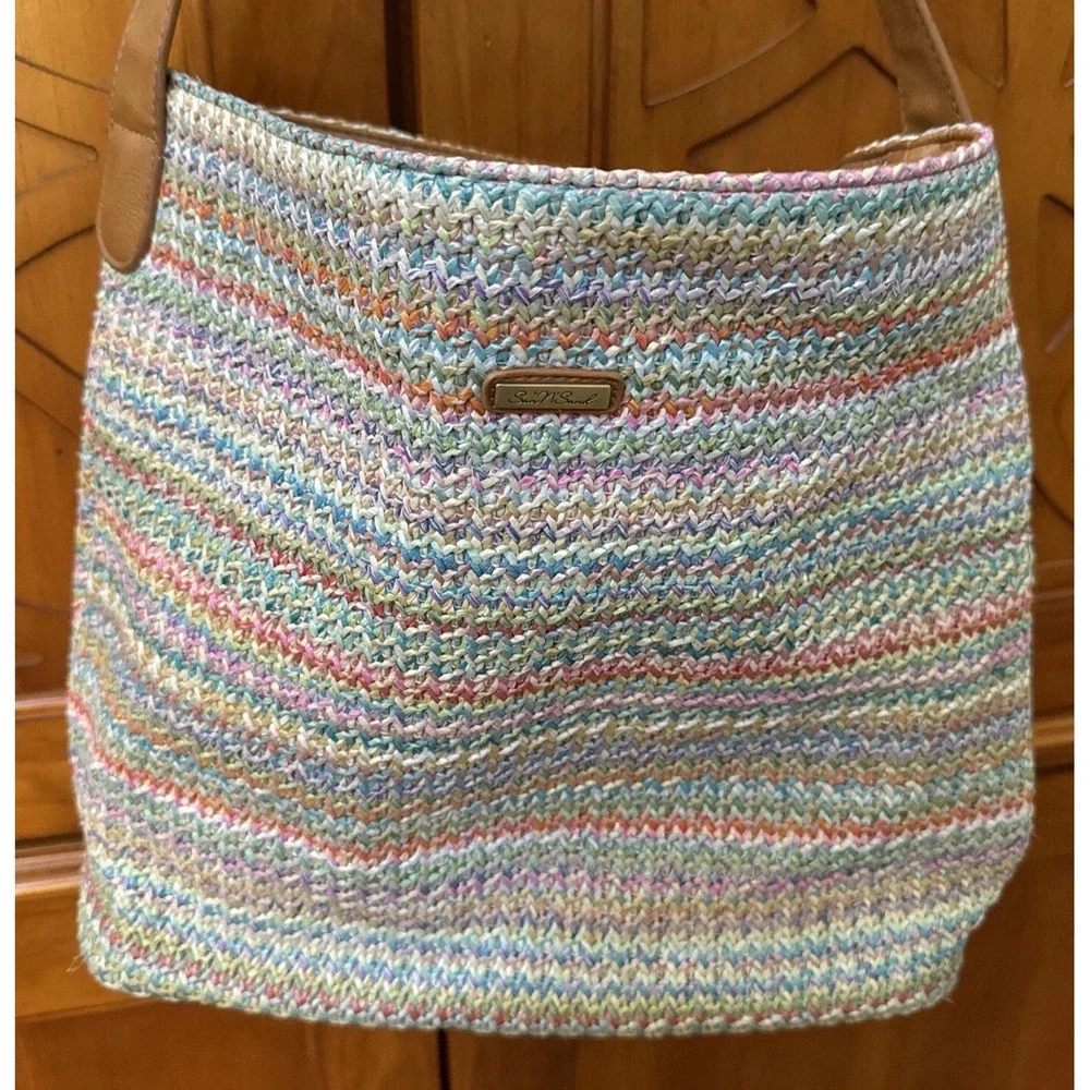 Sun N Sand Kids Multi Color Pastel Woven Straw Shoulder Bag Tote Zipper Closure
